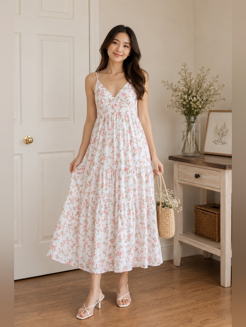 HAUTE MONDE White Floral Maxi Dress with Pink & Sage Print - Picture 1 of 10